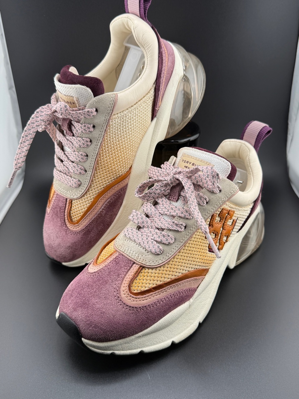 Tory Burch Good Luck Bubble Trainer Suede Sneakers Cream Arancio Purple Size 6